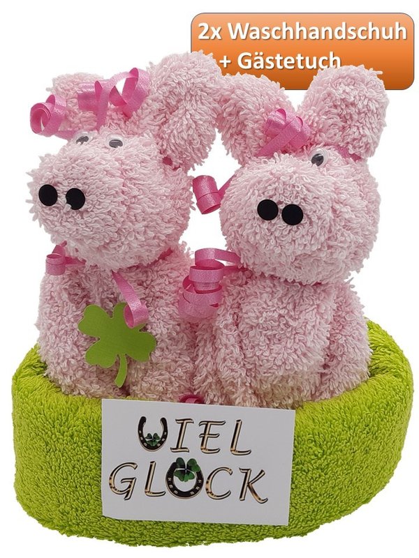 Frotteebox Geschenk Set Schweinepaar Viel Glück aus Gästetuch und 2x Waschhandschuh geformt