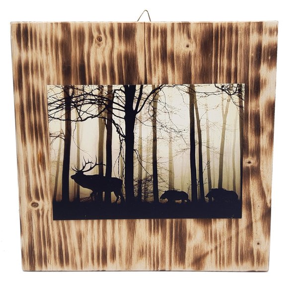 Frotteebox Holz Art Block geflammtes Tannenholz mit Postkarte Waldtiere Hirsch